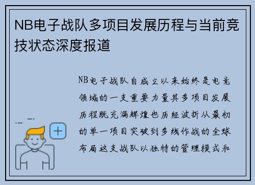 NB电子战队多项目发展历程与当前竞技状态深度报道
