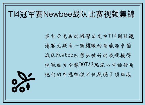 TI4冠军赛Newbee战队比赛视频集锦